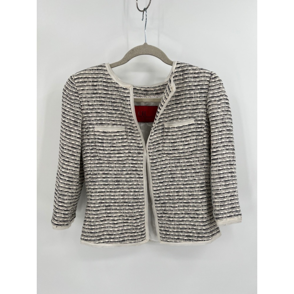 CH Carolina Herrera Black White Tweed Collarless Cropped Jacket 4 Made in Spain